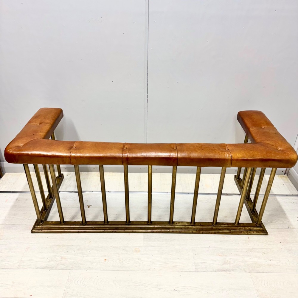 19th century brass club fender with leather seat View II