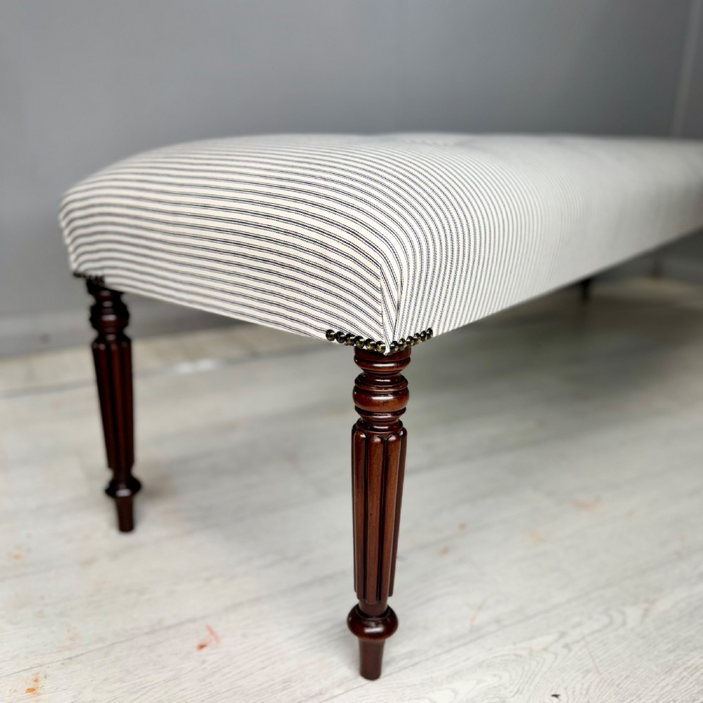 6ft long stool in buttoned ticking stripes View III