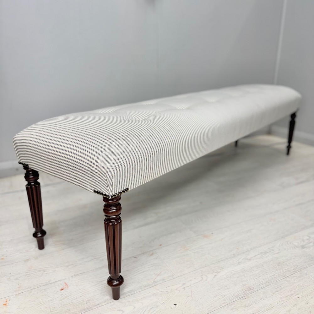6ft long stool in buttoned ticking stripes View VI