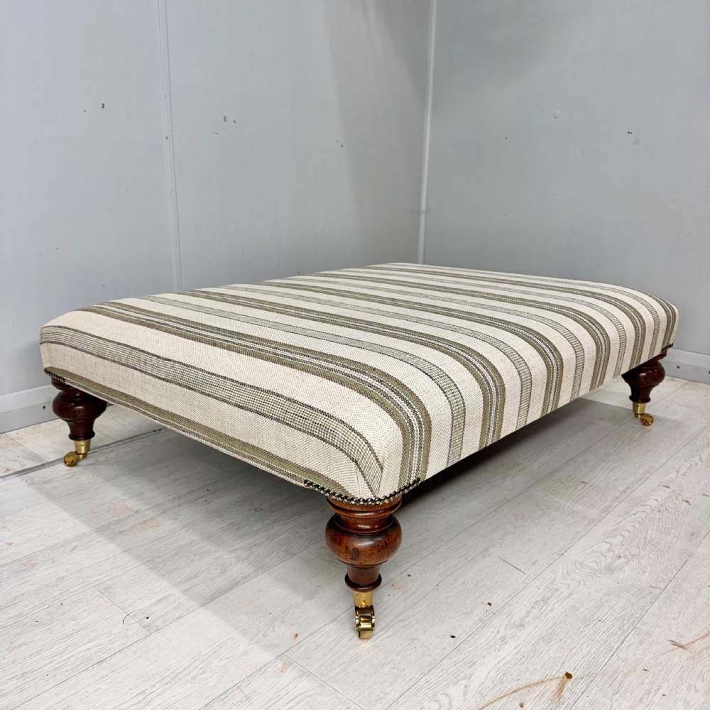 Large low antique ottoman stool in linen stripes