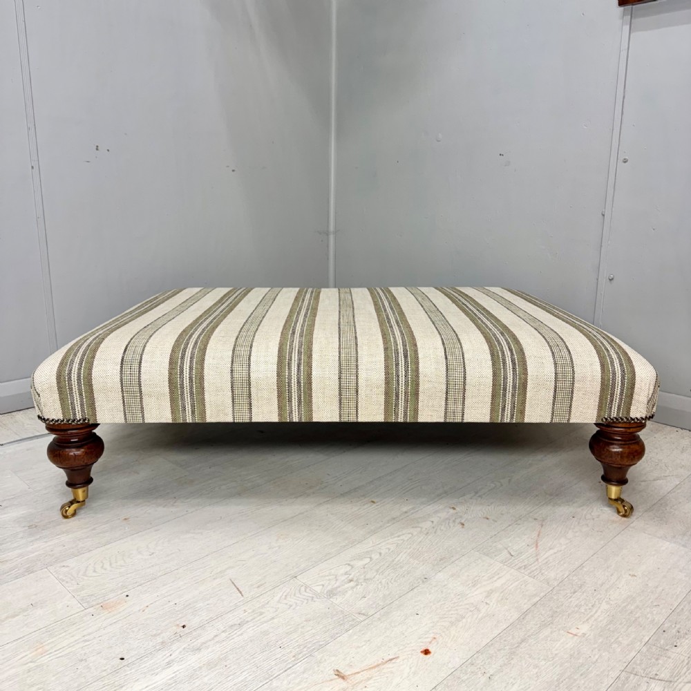 Large low antique ottoman stool in linen stripes View II