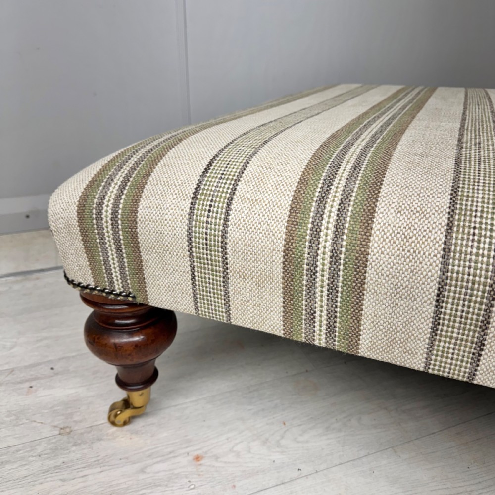 Large low antique ottoman stool in linen stripes View III