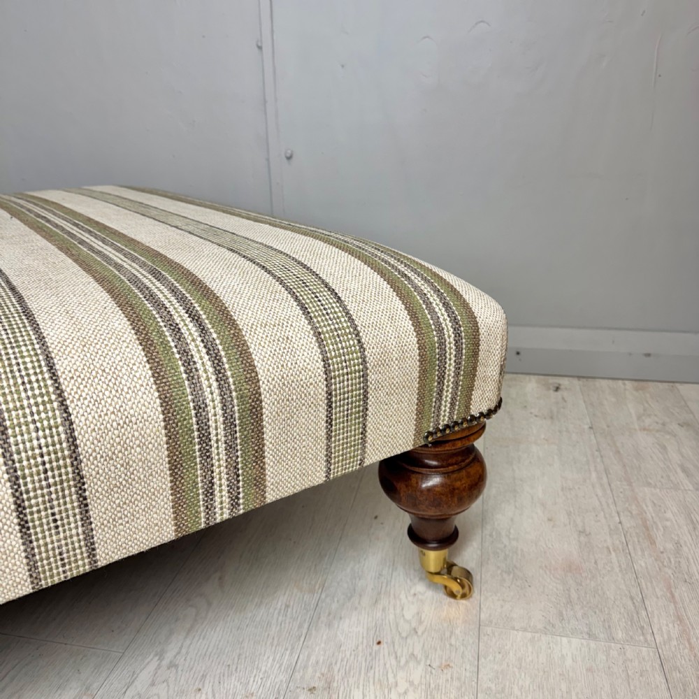 Large low antique ottoman stool in linen stripes View V