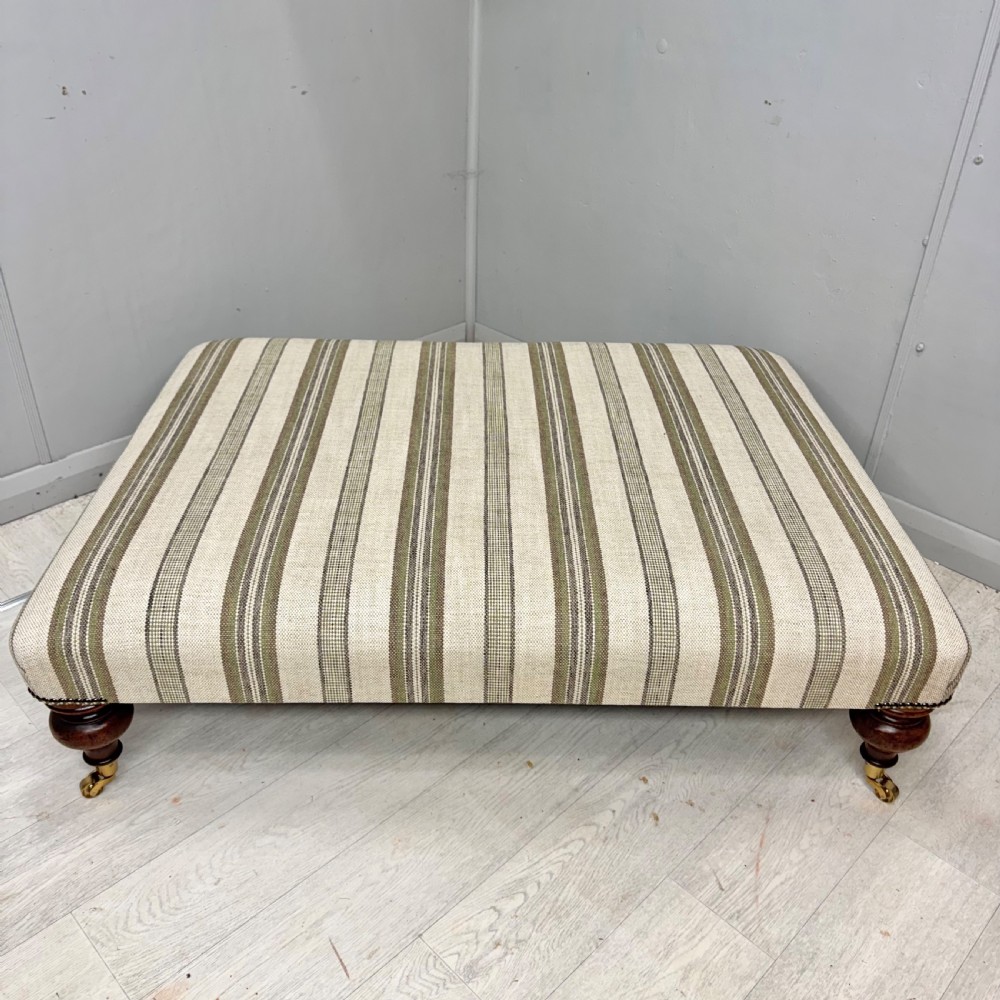 Large low antique ottoman stool in linen stripes View VI