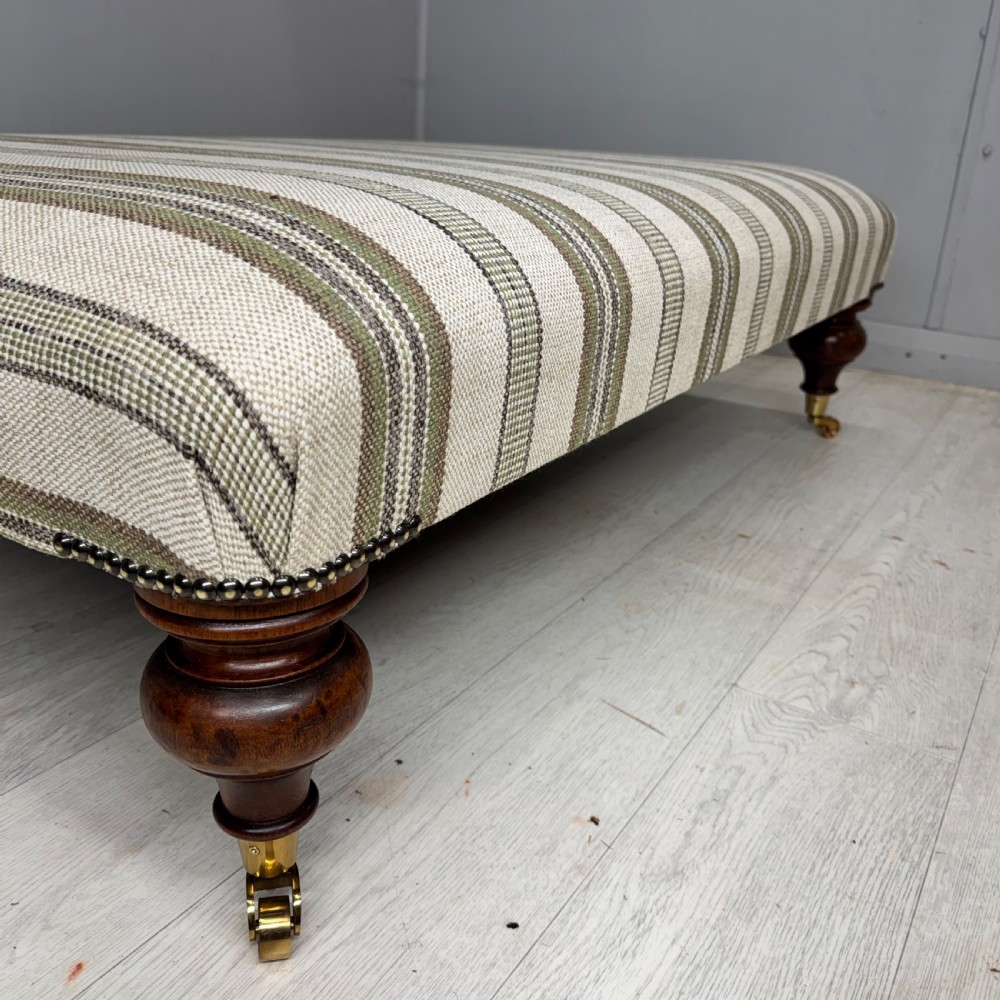 Large low antique ottoman stool in linen stripes View VII