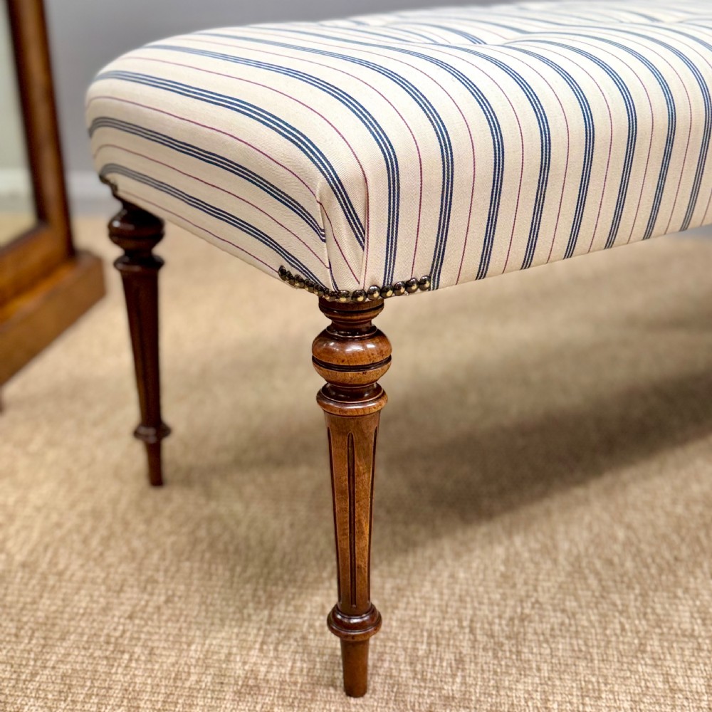 154cm long stool in buttoned ticking stripes View II