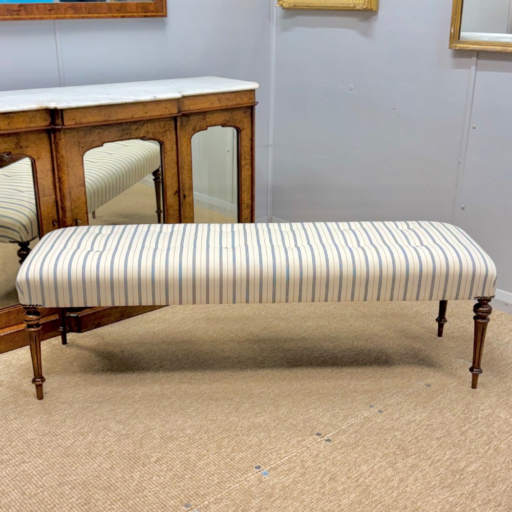 154cm long stool in buttoned ticking stripes View V