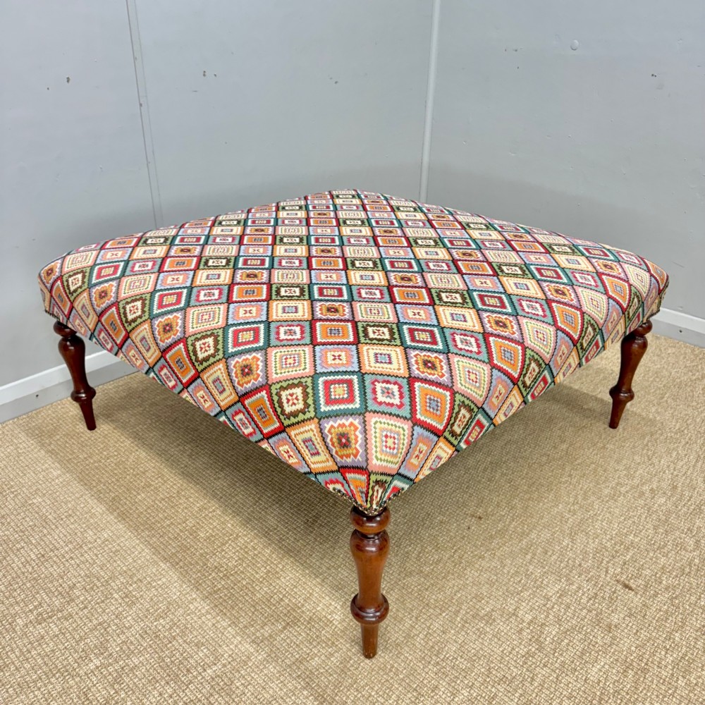 Newly upholstered 100cm square geometric pattern footstool View II