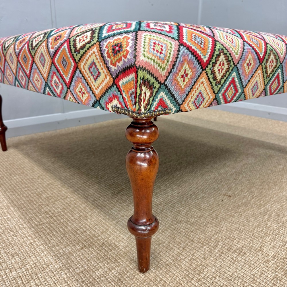 Newly upholstered 100cm square geometric pattern footstool View IV