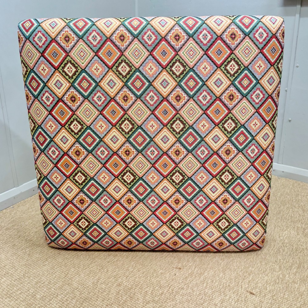 Newly upholstered 100cm square geometric pattern footstool View V