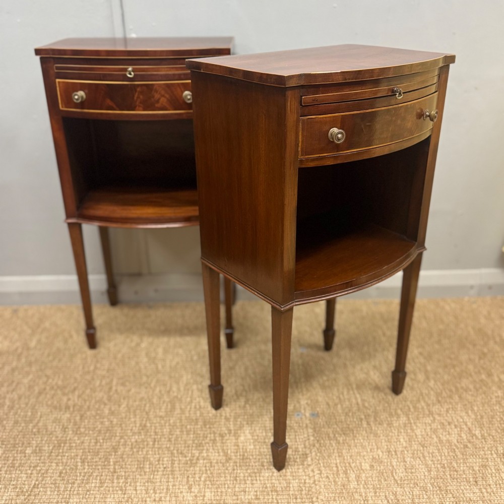 Pair of bow front inlaid bedside tables View II