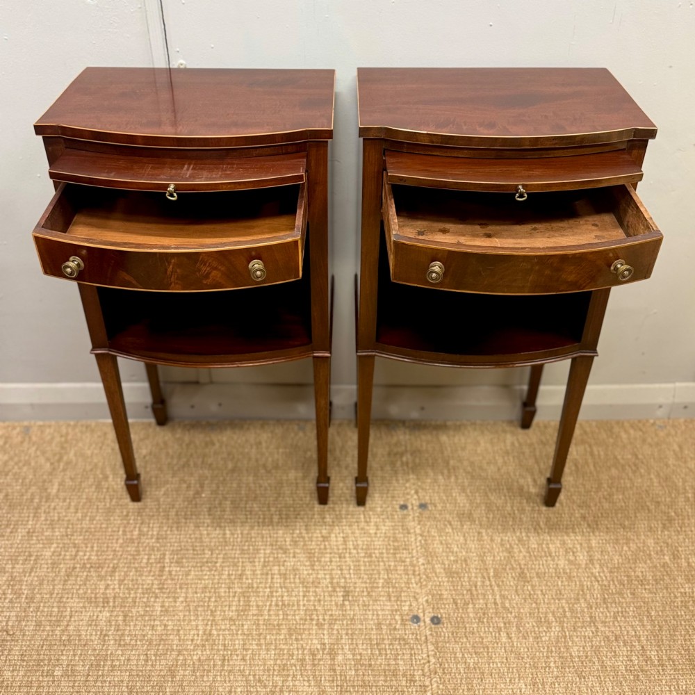 Pair of bow front inlaid bedside tables View III