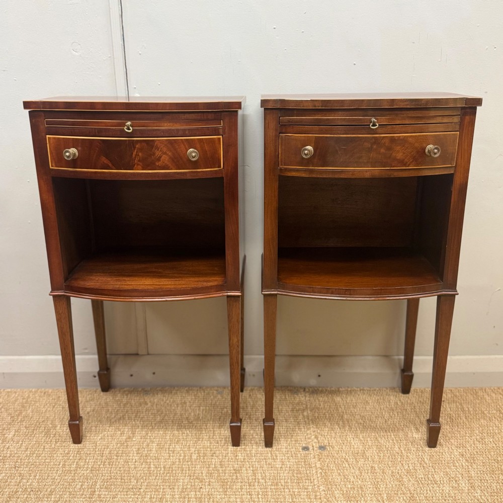 Pair of bow front inlaid bedside tables View VII