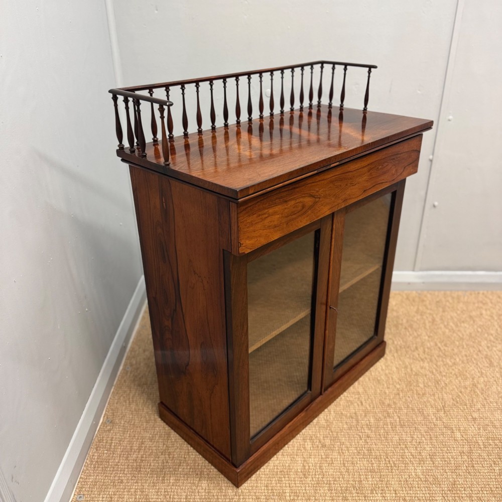 A dark brown Regency rosewood pier cabinet featuring a spindle gallery top, plain apron, and twin glazed doors resting on a plinth base. View II