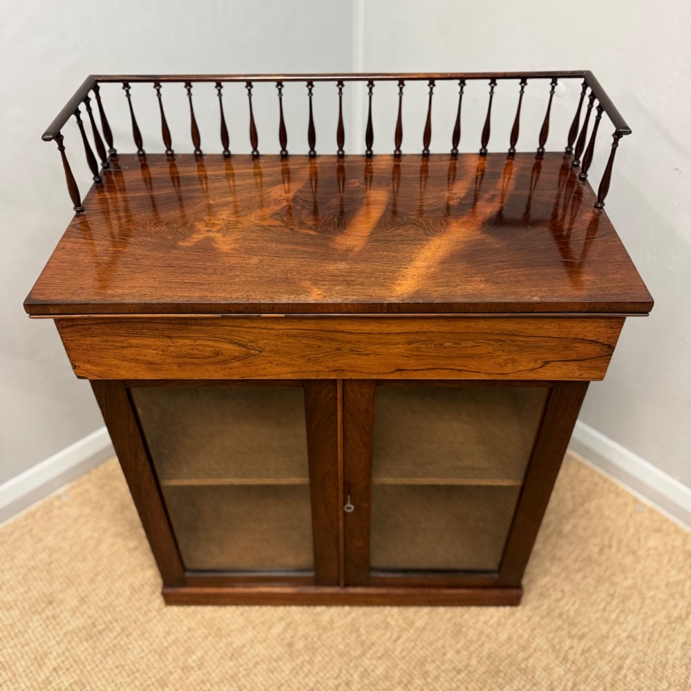 A dark brown Regency rosewood pier cabinet featuring a spindle gallery top, plain apron, and twin glazed doors resting on a plinth base. View III