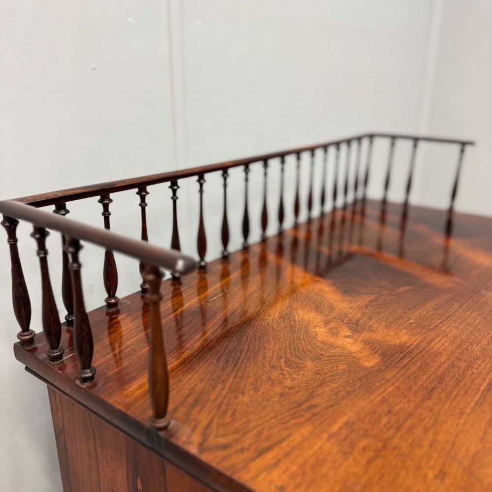 A dark brown Regency rosewood pier cabinet featuring a spindle gallery top, plain apron, and twin glazed doors resting on a plinth base. View IV