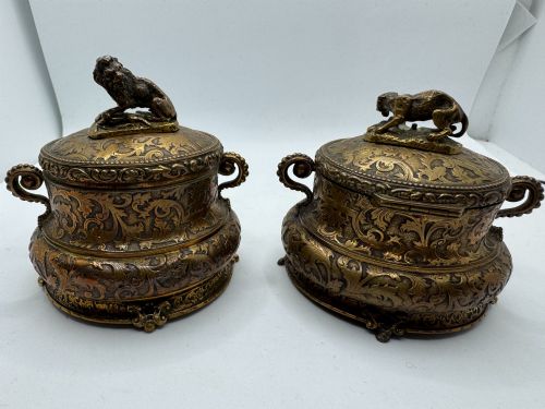 PAIR GILTMETAL JEWELLERY CASKETS WITH DOG FINIALS C1880