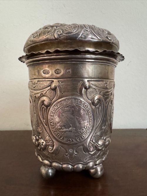 German Silver Coin Beaker & Cover, Salzburg Thaler, Sterling 925, 380g