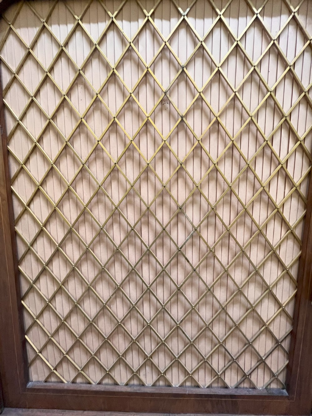 A Regency rosewood side cabinet featuring a brass lattice door with pleated fabric backing, ornate brass mounts, and brass marquetry inlays. View V