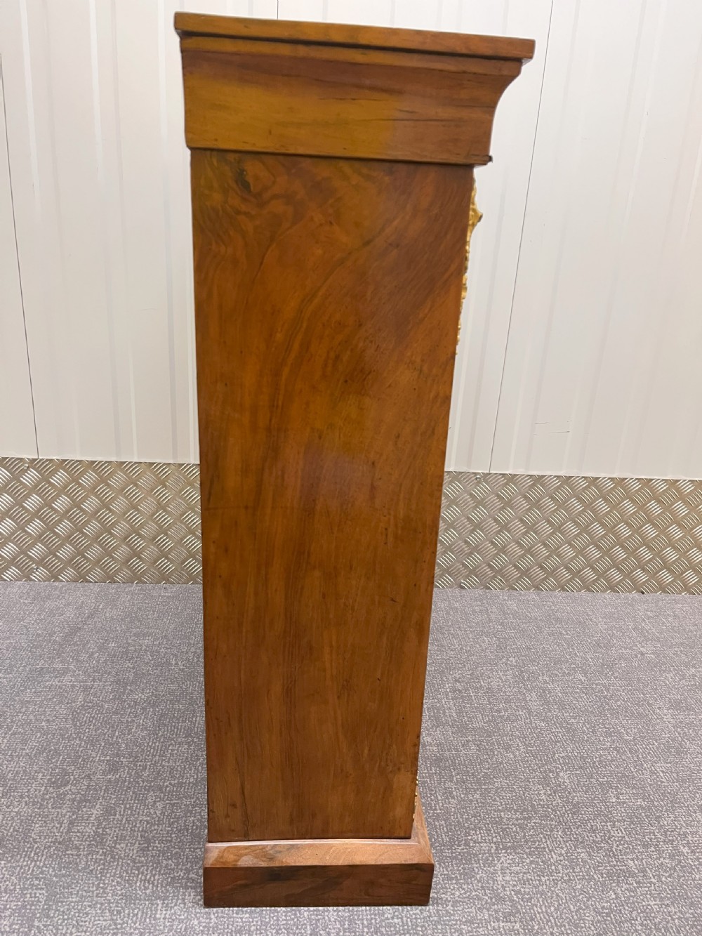 A Regency rosewood side cabinet featuring a brass lattice door with pleated fabric backing, ornate brass mounts, and brass marquetry inlays. View VIII