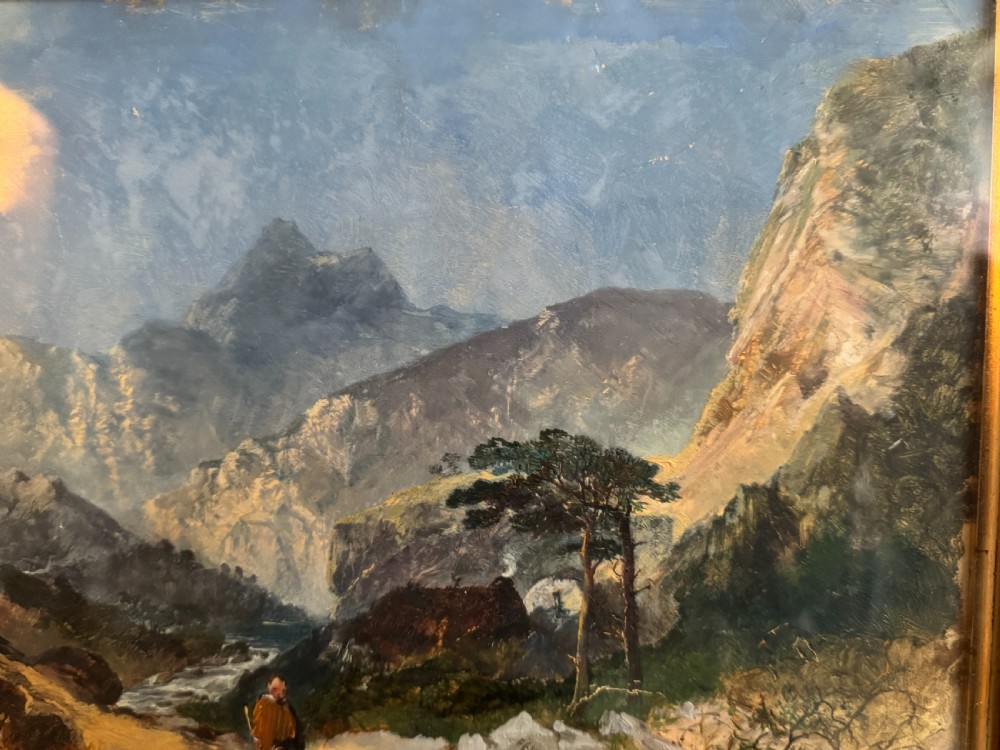 A 19th-century oil painting depicting a rocky mountain landscape with a winding stream and figures, enclosed in a gilded wooden frame. View IV