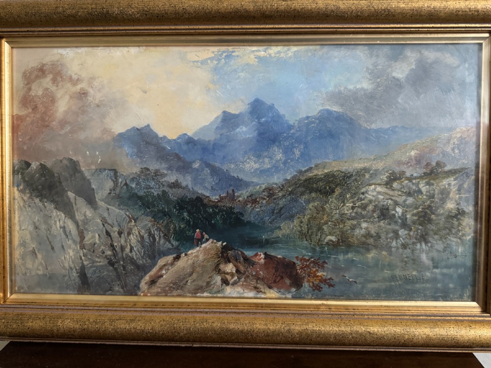 A 19th-century oil painting depicting a rocky mountain landscape with a winding stream and figures, enclosed in a gilded wooden frame. View X