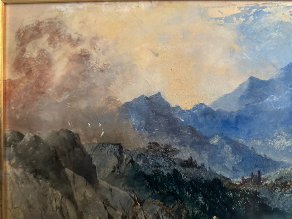 A 19th-century oil painting depicting a rocky mountain landscape with a winding stream and figures, enclosed in a gilded wooden frame. View XI