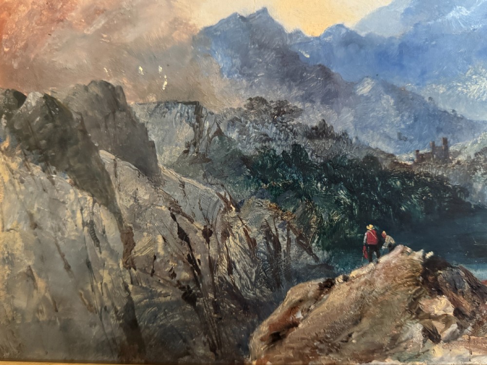 A 19th-century oil painting depicting a rocky mountain landscape with a winding stream and figures, enclosed in a gilded wooden frame. View XIV