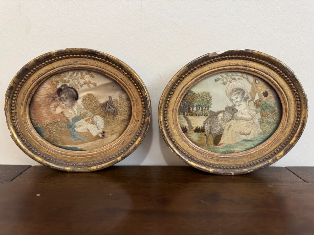 Pair of Georgian Silk Handstitched Oval Panels