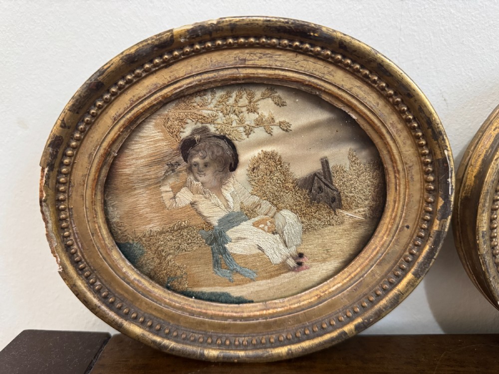 Pair of Georgian Silk Handstitched Oval Panels View II