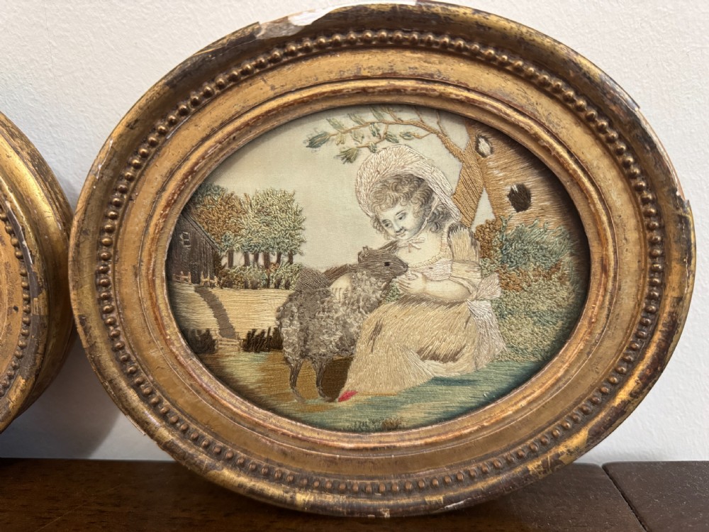 Pair of Georgian Silk Handstitched Oval Panels View III