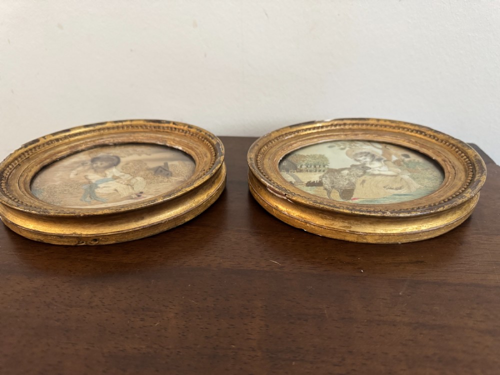 Pair of Georgian Silk Handstitched Oval Panels View VIII