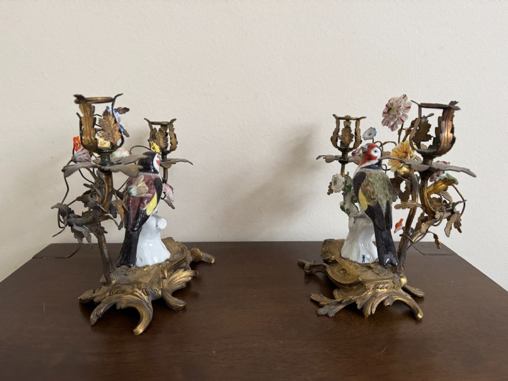 A pair of nineteenth-century French ormolu candelabra featuring hand-painted porcelain birds surrounded by gilt branches and floral mounts. View III