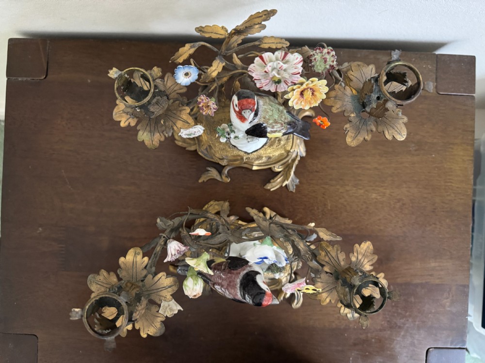 A pair of nineteenth-century French ormolu candelabra featuring hand-painted porcelain birds surrounded by gilt branches and floral mounts. View XII