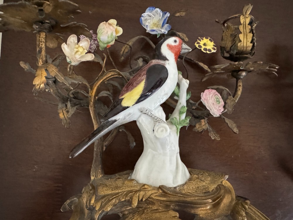 A pair of nineteenth-century French ormolu candelabra featuring hand-painted porcelain birds surrounded by gilt branches and floral mounts. View XV
