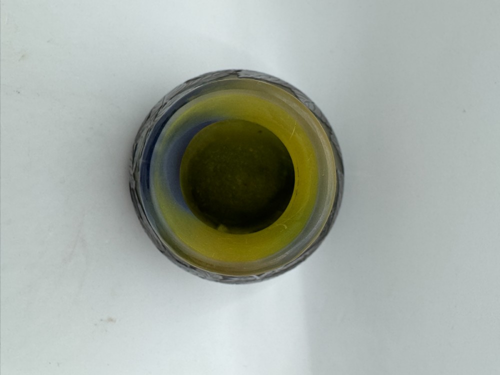 An Art Nouveau pear-shaped cameo glass vase featuring blue and green acid-etched floral motifs over a yellow background. View XII