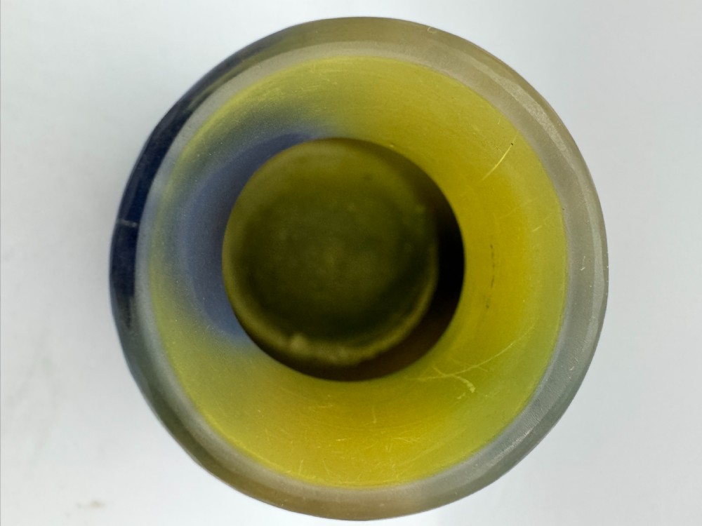 An Art Nouveau pear-shaped cameo glass vase featuring blue and green acid-etched floral motifs over a yellow background. View XIII
