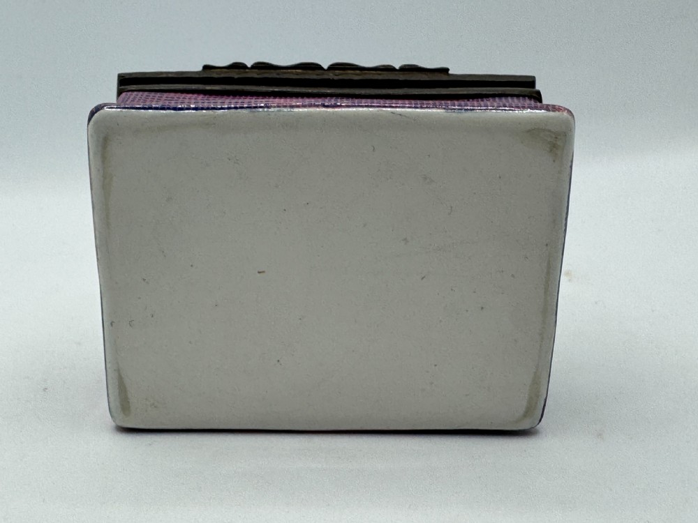 A rectangular eighteenth-century enamel box decorated with a central painted bird and fruit motif framed by white scrollwork against a purple lattice background. View IX