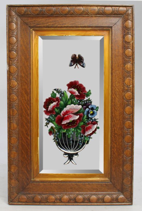 Victorian Painted Mirror Set in Heavy Oak Frame