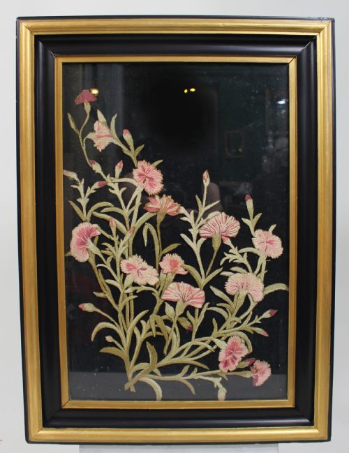 Victorian Floral Needlework Set in Gilt Frame