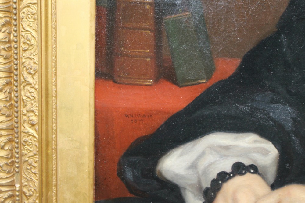 A mid-Victorian oil portrait of a seated lady wearing a black dress and blue lace bonnet inside a gilded wood frame. View IV