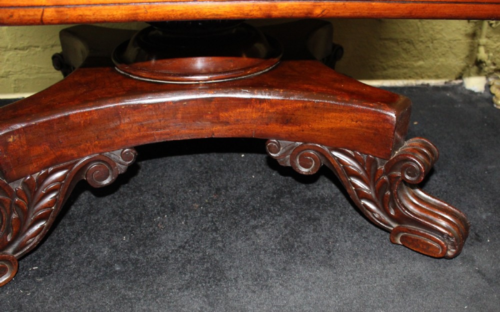 A polished mahogany William IV drop-leaf centre table featuring a rectangular top, drop sides, and a carved pedestal base with scroll feet. View VIII