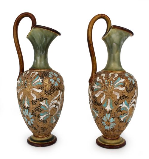 pair of edwardian art nouveau doulton slaters stoneware ewers - CATEGORY: ANTIQUE CERAMICS - DATED 1900