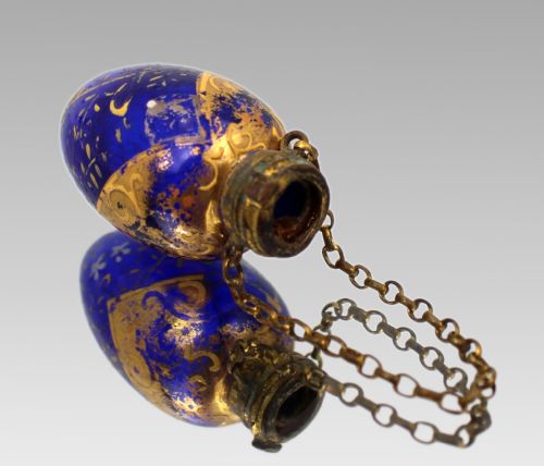19th c bohemian blue glass chatelaine scent bottle gilded enamelled - CATEGORY: ANTIQUE GLASS - DATED 1870
