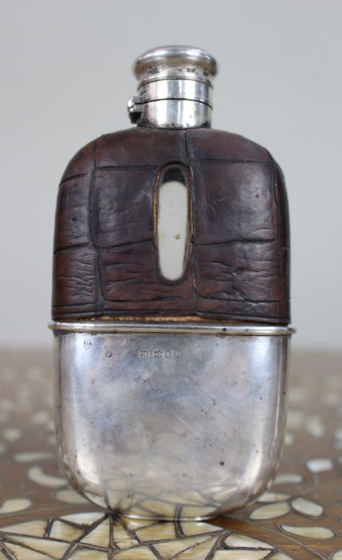 antique victorian silver leather hip flask birmingham 189091 - CATEGORY: ANTIQUE SILVER - DATED 1890