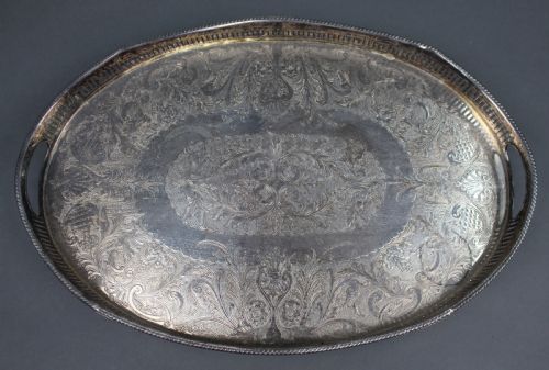 ANTIQUE SHEFFIELD SILVER PLATED OVAL GALLERY SERVING TRAY C1900 - ADDITIONAL PHOTO 1