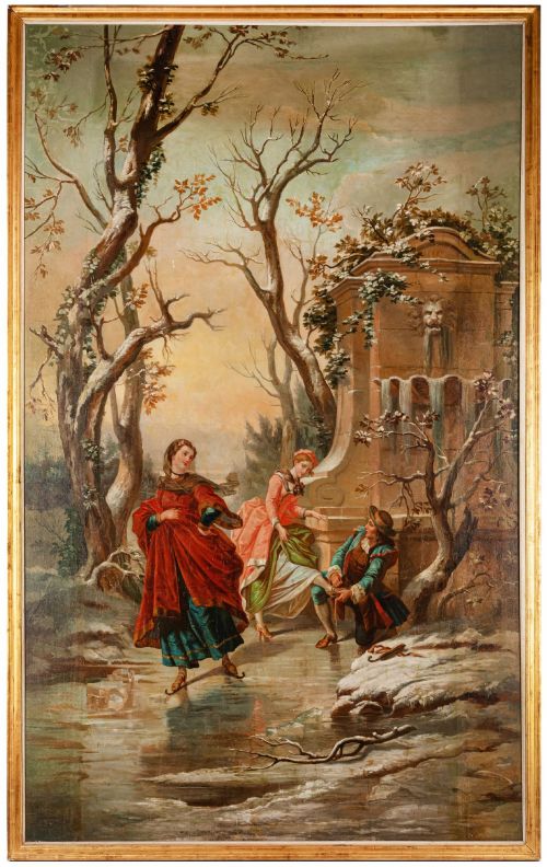 monumental french oil painting of elegant skaters in a winter landscape late 19th century - CATEGORY: ANTIQUE ART - DATED 1890