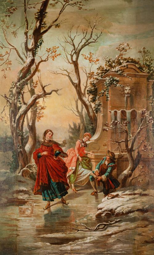 MONUMENTAL FRENCH OIL PAINTING OF ELEGANT SKATERS IN A WINTER LANDSCAPE LATE 19TH CENTURY - ADDITIONAL PHOTO 1