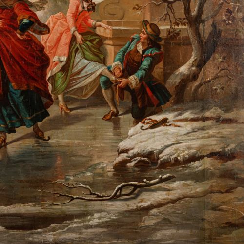 MONUMENTAL FRENCH OIL PAINTING OF ELEGANT SKATERS IN A WINTER LANDSCAPE LATE 19TH CENTURY - ADDITIONAL PHOTO 5