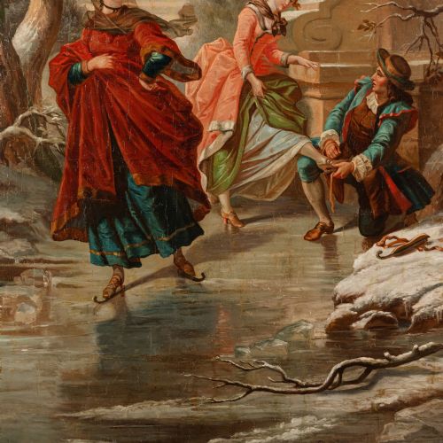 MONUMENTAL FRENCH OIL PAINTING OF ELEGANT SKATERS IN A WINTER LANDSCAPE LATE 19TH CENTURY - ADDITIONAL PHOTO 6